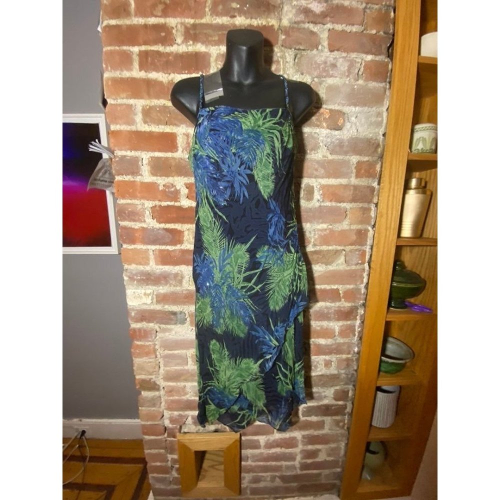 Eva Blue Petites Y2K 1990s Floral Bias Cut Dress Beaded Straps Asymmetrical Hem